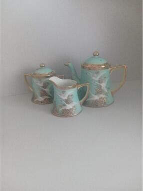 Antique Teal Gold Gilt Jewelled Flying Swan/Geese Teapot With Creamer And Sugar